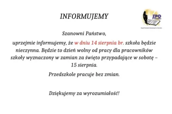 Szkoła nieczynna 14 sierpnia – dzień wolny w zamian za święto