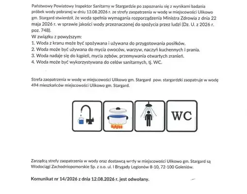 Komunikat sanepidu w Stargardzie: jakość wody w Ulikowie