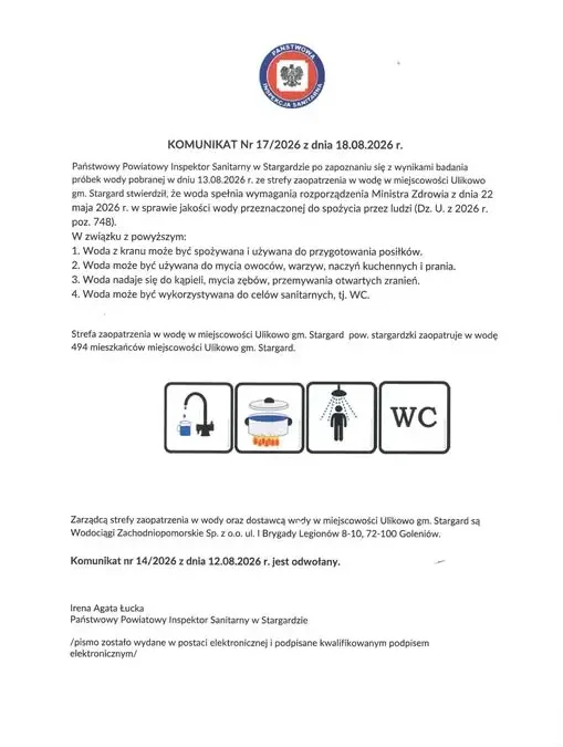 Komunikat sanepidu w Stargardzie: jakość wody w Ulikowie