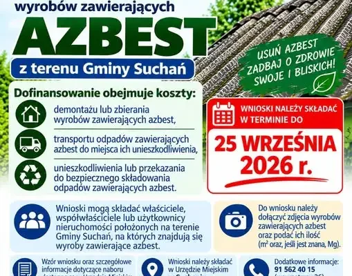 Gmina Suchań ogłasza nabór wniosków na dofinansowanie usuwania azbestu