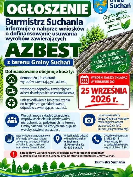 Gmina Suchań ogłasza nabór wniosków na dofinansowanie usuwania azbestu