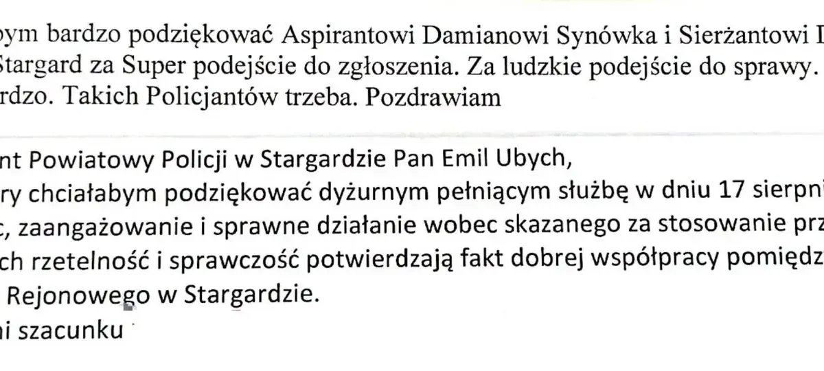 Podziękowania dla policjantów ze Stargardu za profesjonalizm i zaangażowanie
