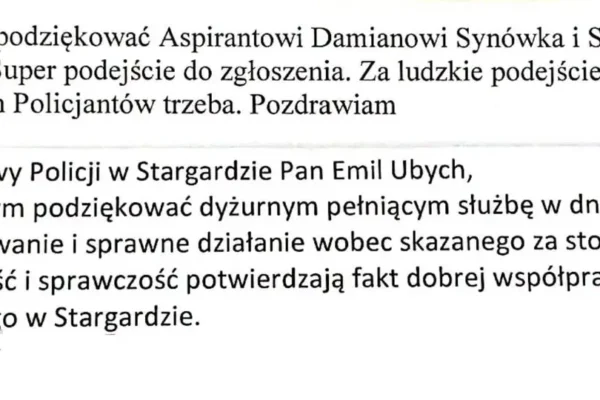 Podziękowania dla policjantów ze Stargardu za profesjonalizm i zaangażowanie