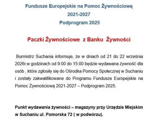 Suchań: wydawanie paczek żywnościowych dla zakwalifikowanych mieszkańców
