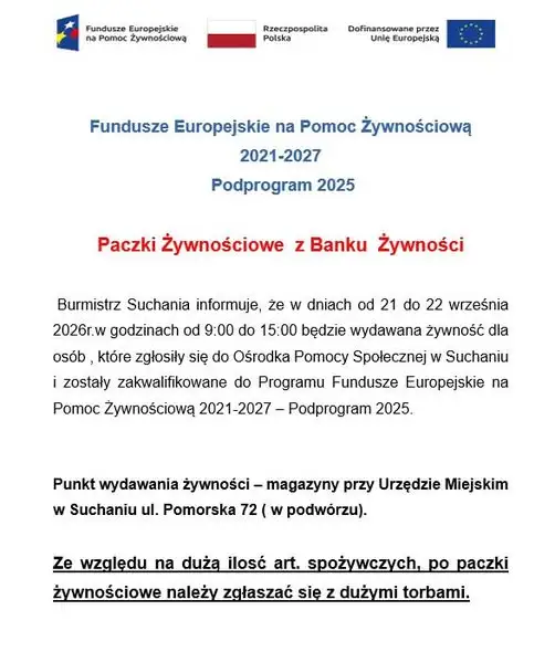 Suchań: wydawanie paczek żywnościowych dla zakwalifikowanych mieszkańców