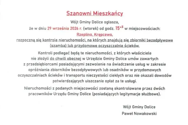 Gmina Dolice: kontrole szamb i przydomowych oczyszczalni w Rzeplinie i Krępcewie