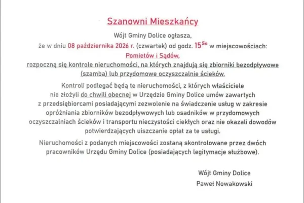 Gmina Dolice: kontrole szamb i przydomowych oczyszczalni w Pomietowie i Sądowie