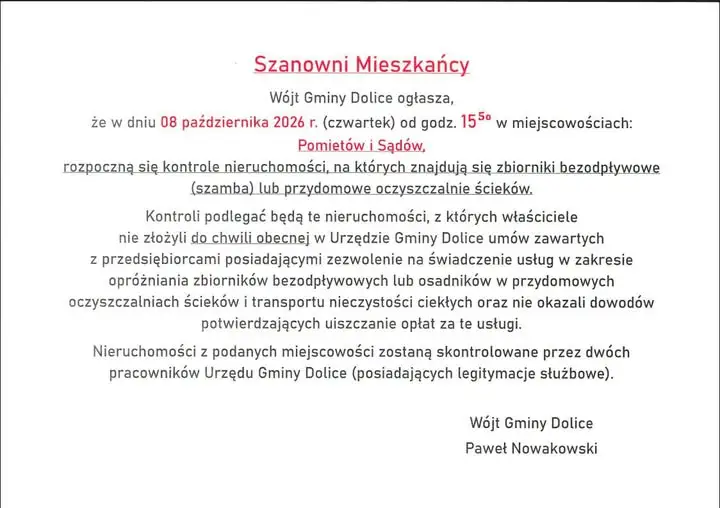 Gmina Dolice: kontrole szamb i przydomowych oczyszczalni w Pomietowie i Sądowie