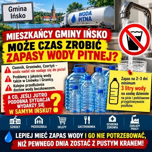 Skażenie wody w gminie Ińsko. Mieszkańcy apelują o zapasy wody pitnej