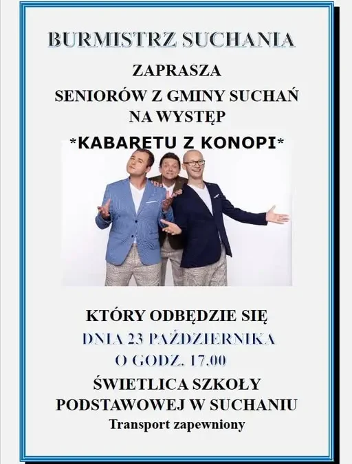 Dzień Seniora 2026 w Gminie Suchań – Kabaret z Konopi wystąpi 23 października