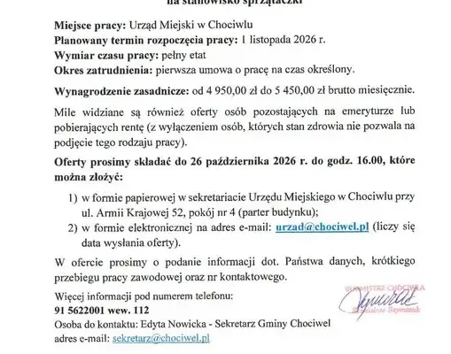 Chociwel szuka sprzątaczki do Urzędu Miejskiego. Oferta pracy z pensją do 5 450 zł
