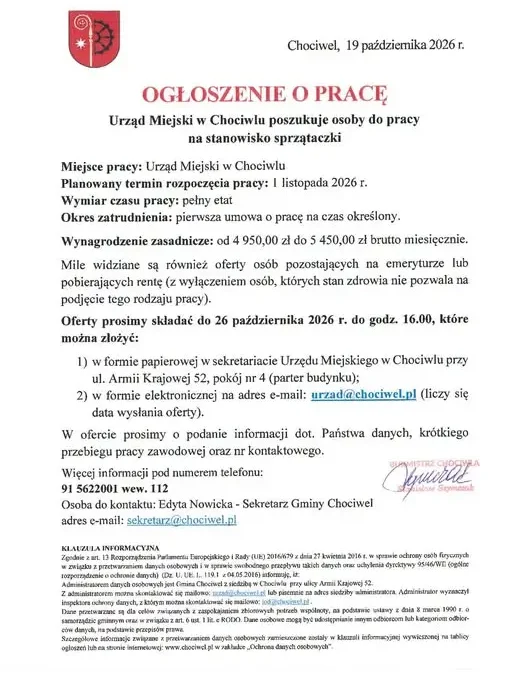 Chociwel szuka sprzątaczki do Urzędu Miejskiego. Oferta pracy z pensją do 5 450 zł
