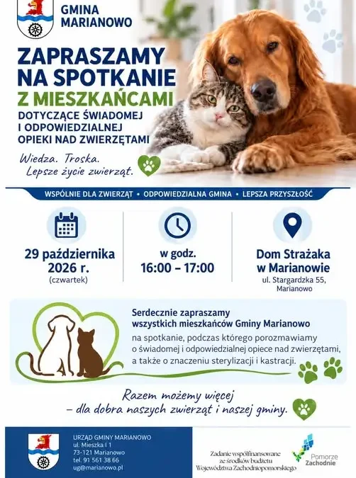 Marianowo: spotkanie o odpowiedzialnej opiece nad zwierzętami już w czwartek